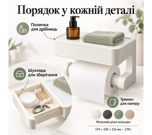 Тримач туалетного паперу 3 в 1 з поличкою та висувною шухлядкою ТМ Куток